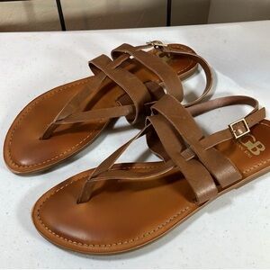 Gianni Bini GB dillards cognac brown toe strap side buckle flat sandals